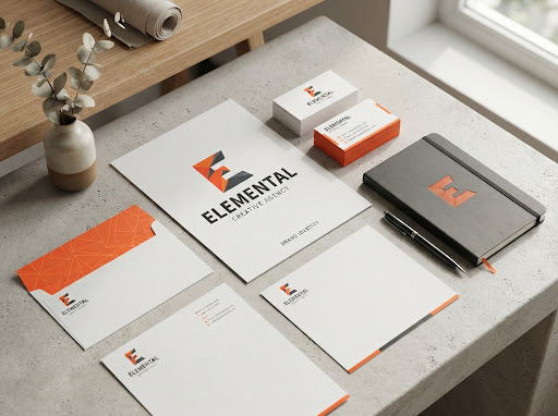 Minimalist modern geometric brand logo concept presentation, stationery mockups with bold typography and vibrant orange accent marks, sleek agency portfolio shot, studio lighting