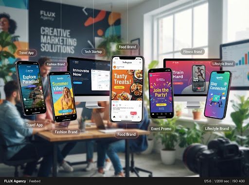 Dynamic social media creative mockups on floating smartphone frames and desktop displays, vibrant marketing designs, creative agency showcase