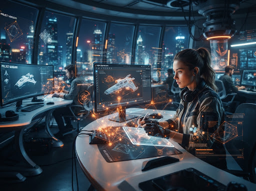 Futuristic digital creative design studio with holographic AI-assisted interface, 3D asset generation, glowing orange nodes and abstract futuristic graphics