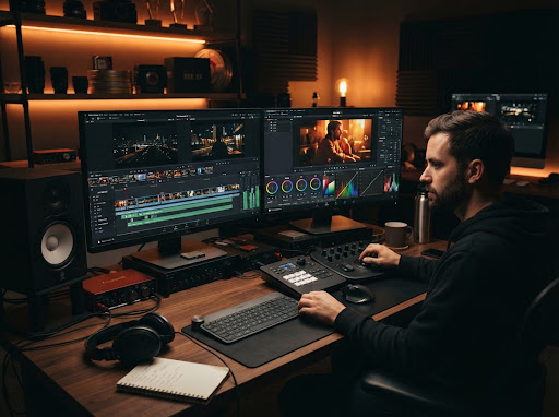Professional video editing suite workspace, dual high-res monitors showing timeline with audio waveforms, color grading panel, cinematic warm ambient lighting