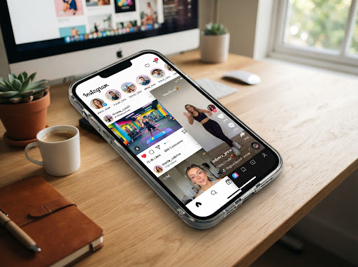 Smartphone mockup displaying Instagram feed, reels, and video engagement metrics
