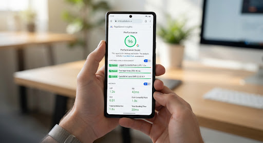 Mobile screen showing PageSpeed performance score Core Web Vitals